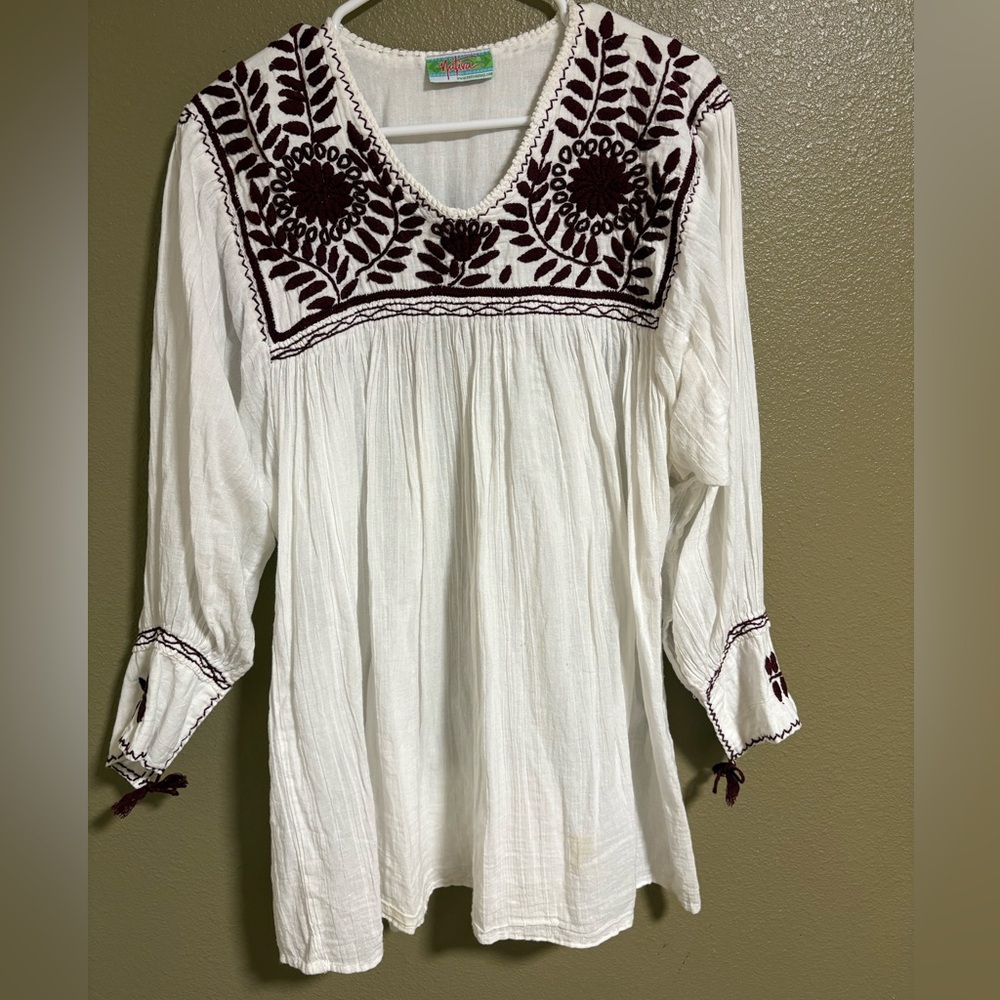 Embroidered White Peasant Blouse with Burgundy Accents